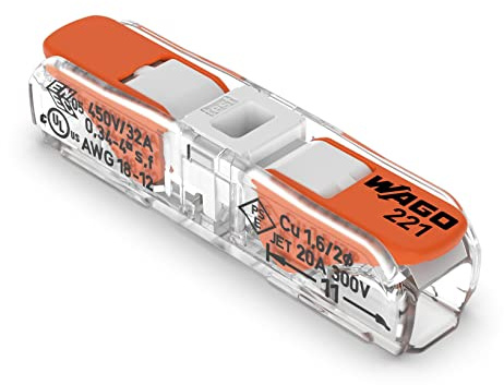 221-2401 | WAGO Lever-Nuts® Inline Splicing Connector | for Solid and Stranded Conductors | 2-Conductor with Operating levers | 24-12 AWG | Transparent housing | White Cover | [Box of 60 Pieces]