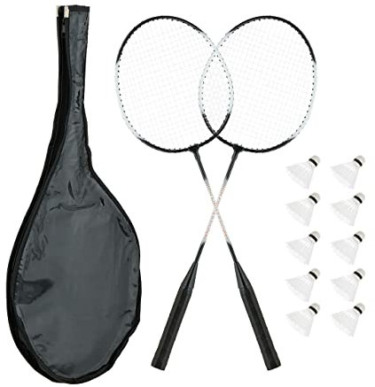 Relaxdays Badminton Set mit Tasche, 2 Badmintonschläger, 10 Federbälle, Federballspiel Kinder & Erwachsene, schwarz/weiß
