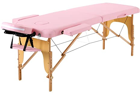 Panana Portable Massage Table Folding Lightweight Beauty Salon Spa Bed Therapy Couch (Pink, 2-Section, Wood Leg)