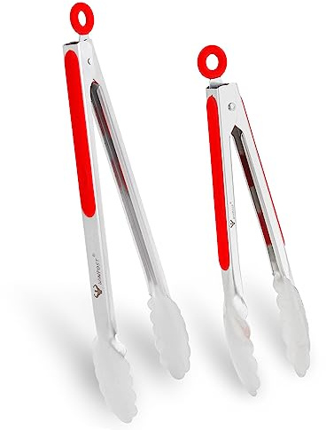 Set di pinze da cucina in acciaio inossidabile WINPOST da 27 cm e 34 cm, con manico antiscivolo resistente al calore - Ideali per cucinare, insalata, grigliare e barbecue (27 cm + 34 cm, Rosso)