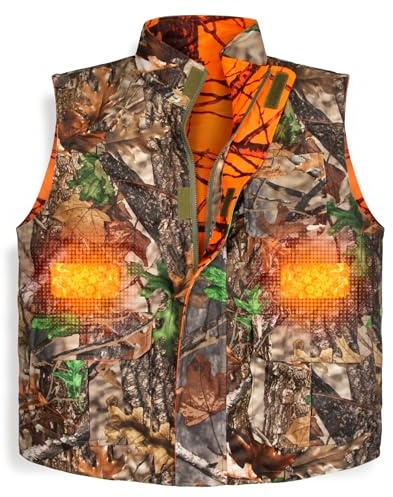 GUGULUZA Camo and Orange Reversible Heated Vest for Hunting, Lightweight Heating Game Safety Vest for Hiking, M