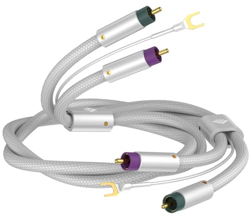 Tertullus phonokabel med jordning 1,5 m silverpläterad avskärmning tonarmkabel OFC silverpläterad RCA RCA-kabel jordkabel guldpläterad kontakt för skivspelare förstärkare (2 x cinch till 2 x RCA/vit)