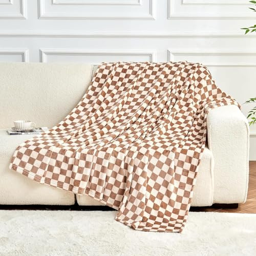 FY FIBER HOUSE Checkered Flannel Fleece Throw Blanket Soft Cozy Checkerboard Grid Print Chessboard Gingham Pattern Blankets for Bed Couch Sofa, 50x60, Khaki