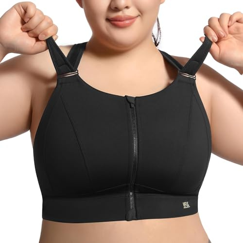 VFUS High Impact Sports Bras for Women Adjustable Zip Front Plus Size Workout Bra Full Coverage Removable Padded Running, Black, L