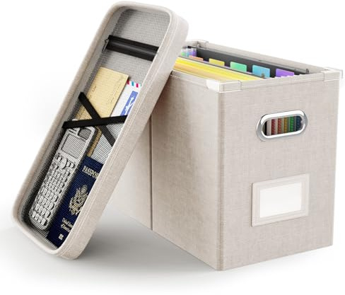 Oterri File Organizer Box with Lid, Hanging Filing File Box with Mesh Pocket, Document Organizer Box for Letter Files, Portable Storage Box with Smooth Sliding Rail for Office&Home (1 PCS, Beige)