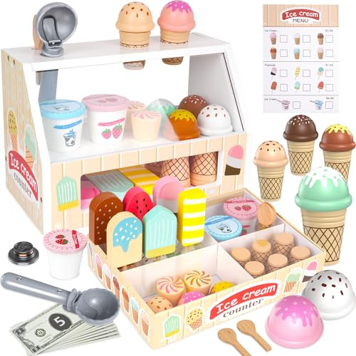 Gelateria giocattoli in legno per bambini da 3 4 5 6 anni ragazzi ragazze, accessori da cucina per bambini, negozio per la spesa, accessori da cucina da gioco in legno
