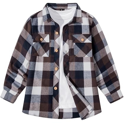SwissWell Camisa a Cuadros Niños de Manga Larga Camisa de Franela para Niños Otoño Camisa Clásica con Botones Cuadros Ropa Café M