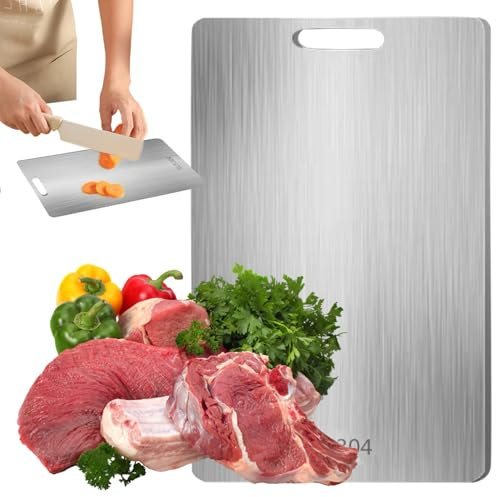 Onperpoe Planche à découper en titane - 39 x 28 cm - En acier inoxydable - Multifonction - Double face - Sans BPA - Pour cuisine et extérieur