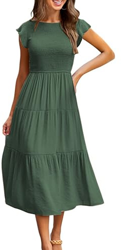 CMTOP Robe Ete Femme Robe Longue Chic et Elegant Manches à Volants Col Rond Robes au Genou Taille Élastique Décontractée Robe de Plage Couleur Unie à Superposée A-Line