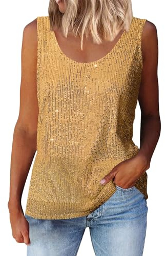 Débardeur d'été à paillettes pour femme - Col rond - Sans manches - Noir - Pour fête de sport 2025, doré, M