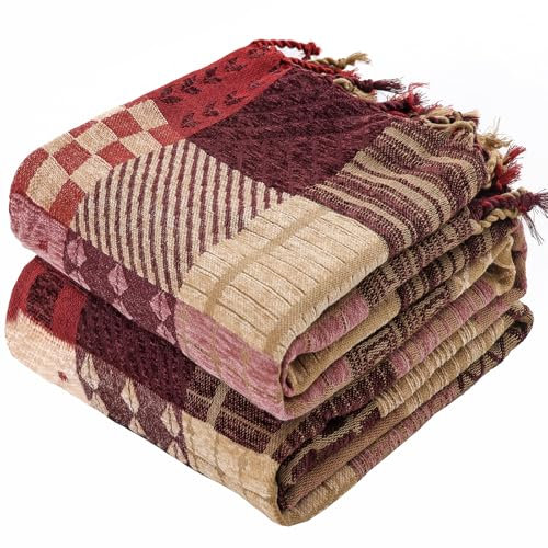 HOORDRY Chenille gewebte Decke Muster,Patchwork Doppelseitig Überwurf mit Fransen, Boho tagesdecke,150×190CM,Rot,Edele und kuschelig weiche TV-Decke Couchdecke Sesseldecke Wendedecke bettüberwurf