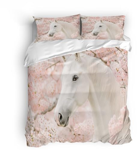 Generico copripiumino con federe 220x240cm Cavalli Bianchi copripiumino boho Copertura letto poliestere leggera traspirante morbida per camera hotel dormitorio SJ 6-17-319