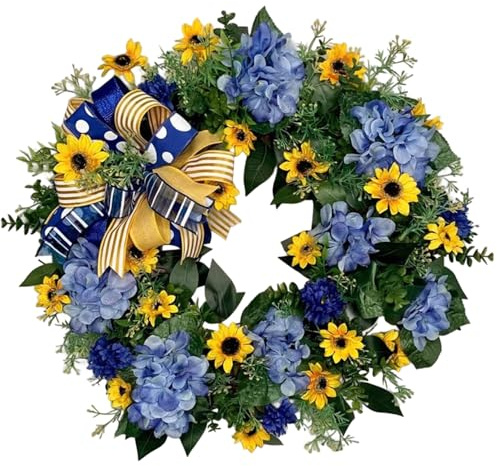 Corona per porta Ucraina Girasole da 18 pollici con fiori blu Foglie verdi Fiocco sul muro della porta d'ingresso