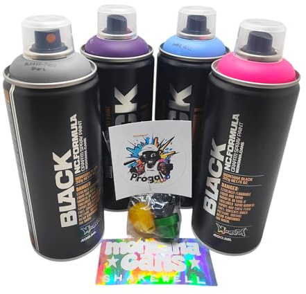 PROGAL COLORS Montana BLACK Pintura en Aerosol para Grafiti, 400ml, 4 Colores (Gris, Púrpura, Azul, Rosa), Alta Presión, Acabado Mate, con 3 Boquillas de Repuestos + 1 Sticker de Montana Cans