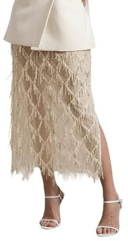 Generico Gonna Midi Donna Elegante Gonne A Tubino con Paillettes E Spacco Gonne con Sovrapposizione Tulle Gonna Snellente per Figura Affusolata Ed Elegante
