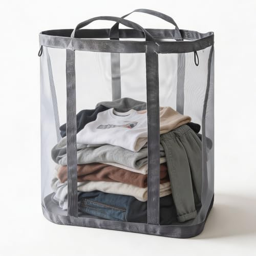 Folding Washing Basket 40x26x40cm, Extra Large Collapsible Laundry Basket | Space-Saving Foldable Hamper Bin for Clothes Storage, Bedroom and Dormitory, Elegant Grey