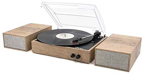 LP&No.1 Tocadiscos Bluetooth con altavoces de estantería, tocadiscos vintage de 3 velocidades con reproducción inalámbrica, parada automática y entrada Bluetooth, madera clara