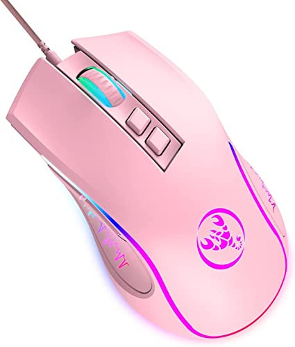 HXSJ X100 Mouse da Gioco,Mouse Ergonomico Cablato per PC con Illuminazione a LED a 7 Colori,7 Pulsanti,Sensore Ottico di Gioco,Fino a 3600 DPI,Leggero,per PC,Mac,PS4 - Rosa
