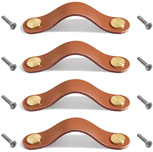 Lawen Creative 4 Stück Leder Möbelgriffe Echtes Leder und Kupfer Knopf Schrankgriff Knöpfe Ledergriff für Küchenschränke Schränke (Hellbraun, Doppelloch)