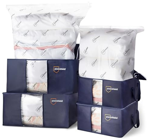 Kit de rangement compact PackShield - 4 Housses et 4 Sacs Sous Vide - Compression avec aspirateur - Grande capacité XXL - Protégez et Transportez Duvets Couettes Oreillers Vêtements