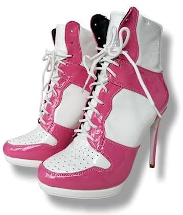 Frankie Hsu Stiletto Bottines de basket-ball à talons hauts, bottines décontractées à talons blancs, roses vernies, bottines à talons de grande taille, bottes courtes à lacets pour homme et femme,