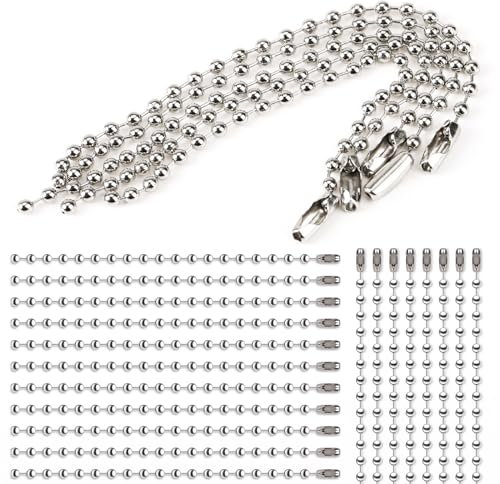 100 Stück Kugelkette Metall Hängekette Silber Edelstahl Kugelkette Perlen Rollenkette mit Verbindern Metallkugelkette 2,4 mm Charms Craft Ball Bead für Schlüsselanhänger Bastelprojekte Tags Kette