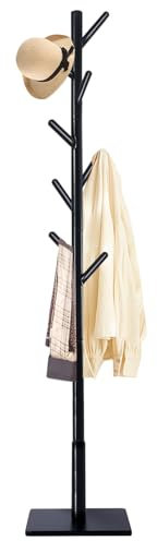YheenLf Garderobenständer Massivholz, Kleiderständer für Kleidung, Hüte, Jackenständer für Eingang, Wohnzimmer, 8 Haken, 3 verstellbare Höhen, Schwarz, 30x30x180cm