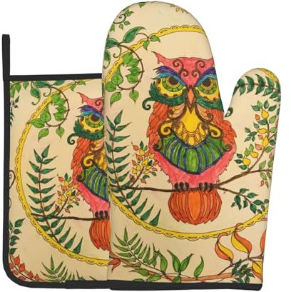 Gufo credenze guanti da forno e presine, in poliestere resistente al calore, antiscivolo, guanti da forno a microonde per cottura, cottura, grigliate