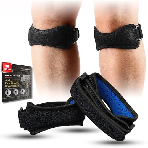 AleFlowSolutions Rodillera Rotuliana Adjustable X2, Cinta Rotuliana, Alivio Para El Tendón Rotuliano Ideal para Correr, Saltar, Gym, Pádel Estabilización De La Articulación Incluye 2 Bandas Y 1 Ebook.