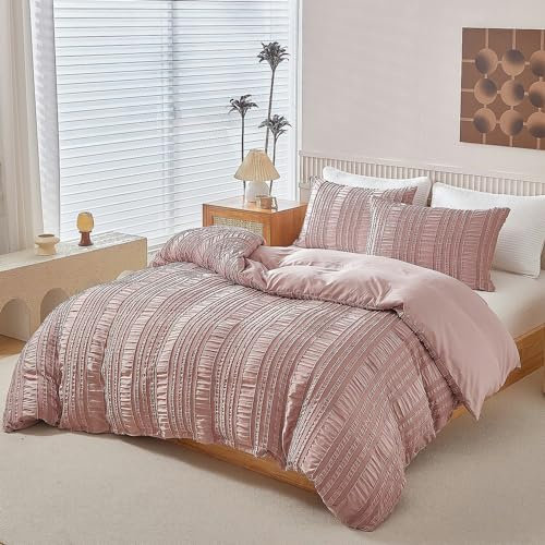 Boqingzhu Seersucker Bettwäsche 135x200cm Rosa Getuftet Boho Style Kühlende Sommerbettwäsche Aesthetic Vintage Bettbezug und Kissenbezug 80x80cm mit Reißverschluss