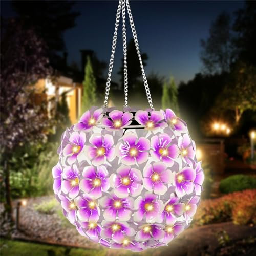 GEEZY Solar Flower Ball Hanging Garden Light - Outdoor Waterproof Decorative Lantern for Balcony, Lawn, Porch, Patio - Purple and White
