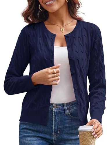 Womens Button Down Cable Knit Cardigans Lightweight Navy Blue Cropped Cardigan Crewneck Sweater Jackets for Women XL