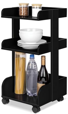 bomoe Carro de Cocina con 4 Ruedas bloqueables y 3 estantes Bosse - Madera FSC® Carro para Servir Carro para Manualidades Mesa Mueble Auxiliar Cocina 32x35x69cm Negro