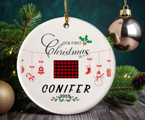 Christmas Ornament Tree 2026 for Conifer Colorado City State Decoration Our First Christmas in Conifer CO Xmas Tree Keepsake Gift Couples New Home Holiday 3 White