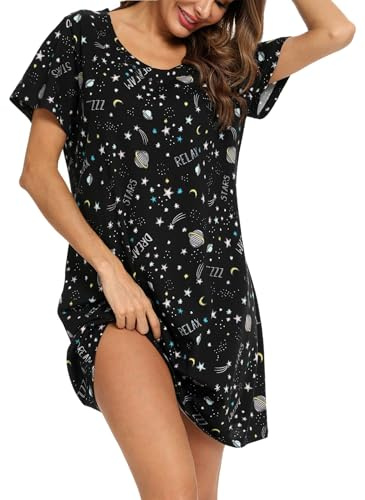 MIA LUCCE Vestido de noche para mujer, camisón de algodón de manga corta para mujer, camisón suave para dormir, Estrella negra, XXL