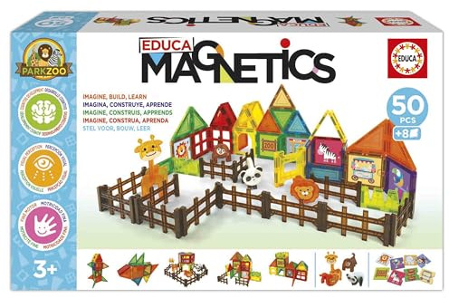 Educa - Magnetics Parck Zoo | Juego Educativo de construcción 3D magnético con 50 Piezas para niños. Incluye 4 Animales y 8 Tarjetas. Construye Figuras geométricas. A Partir de 3 años (20270)