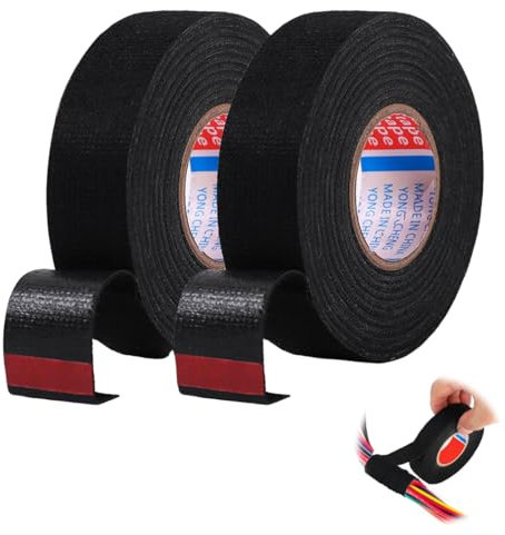 KEQAR Ruban Adhésif en Tissu, 2 Pièces, Isolant pour Câbles, Bande de Harnais de Câblage, Résistant à la Chaleur, Anti-âge, Résistant, Noir Électricien, Scotch Toilé (19 mm x 20 m) (Noir)