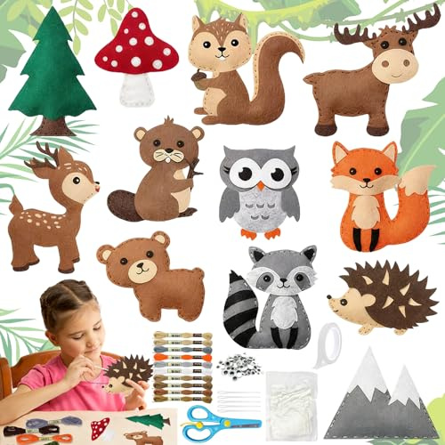 TZEKING Kit de Couture Enfant,12 Pièces Kit Couture Animaux,Kits d'Artisanat en Feutre,Ensemble D'Artisanat Et De Couture pour Enfants à Partir de 6,Couture d'ornements en Peluche en Feutre Farci