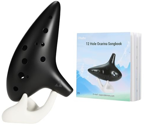 Ohuhu Ocarina Instrumento con cordón para el cuello y libro de canciones, 12 Agujeros Ocarine de Cerámica Alto C leyenda de Ocarina Flute Instrumento, expositor de mano y funda protectora