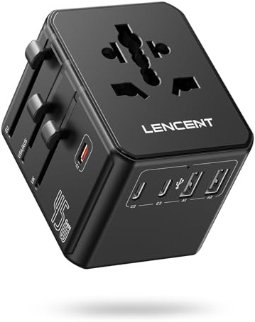 LENCENT Adattatore Spina da Vigaggio, 45W Presa Caricatore Internazionale con 1 USB e 2 USB-C PD Ricarica Rapida, Adattatore Universale per Telefono, Tablet, Portatili, Spina Tipo A/C/G/I