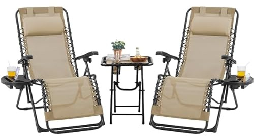 Yaheetech Set di 2 Sedie Sdraio da Giardino Zero Gravity e Tavolino con Portabicchieri, Set Sedie Pieghevoli con Poggiatesta, Portabicchieri, Pedale, Schienale Regolabile, Nero (Beige)