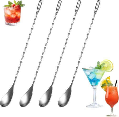 4 cucharas de bar largas cucharas de cóctel de 25 cm de acero inoxidable con patrón en espiral y pulido en espejo, diseño elegante, perfecto para martinis