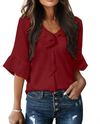 GRMLRP Camicetta Donna Elegante con Volant Blusa Scollo a V Maniche 3/4 Ampie Top Leggero e Traspirante Stile Casual Chic per Estate e Primavera(S,Rosso)