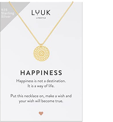 LUUK LIFESTYLE Halsband i 925 Sterling Silver med mandalablommahänge och ett inspirerande HAPPINESS-kort, lyckoamulett, vänskapsgåva, damsmycken, guld