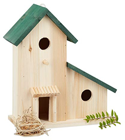 Relaxdays Fågelvilla av trä, dekorativt bo och foderhus, balkong eller trädgård, H x B x D: 30,5 x 26 x 12 cm, grön
