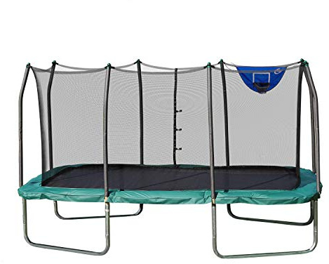 SKYWALKER TRAMPOLINES Jump N' Dunk 14 FT, Rectangle Outdoor Trampoline for Kids with Enclosure Net, Basketball Hoop, ASTM Approval, 800 LBS Weight Capacity