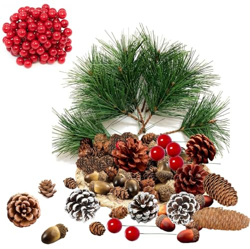 130P Fake Christmas Holly Sprigs Artificial Pine Picks with Red Berry Natural Pine Cones,Christmas Pines Needles Holly Berries Stems Decor,Xmas Foliage Acorns Holly Bouquets Craft Flower Wreath Decor