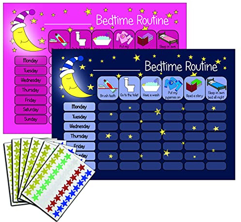 kids2learn Children's Bedtime Routine Chart Reward Chart for Sleep Training Twin Pack (Dark Blue & Pink) for boys girls toddlers With 270 Star Reward Stickers Included