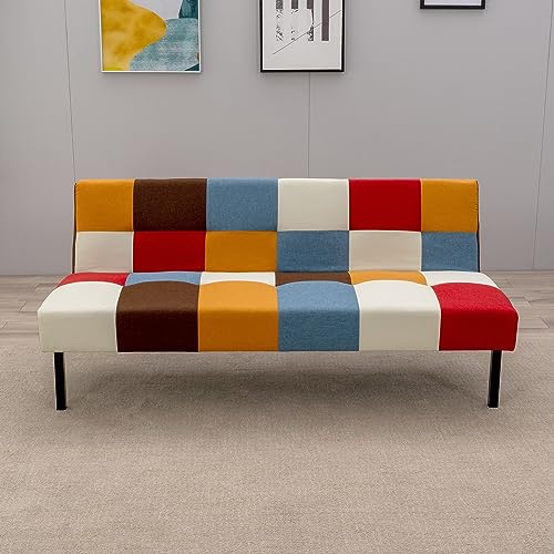 Panana Linen Fabric 3 Seater Sofa Bed Futon Modern Sleeper Sofa Settee,Padded Compact Sofa Couch With Metal Legs (Rainbow patchwork)