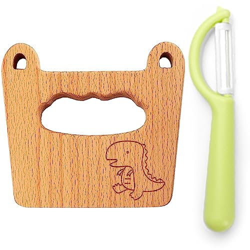 Goodchef Kindermesser Kinder-Küchenmesser-Set zum Schneiden und Kochen von Obst oder Gemüse für Kleinkinder, inklusive Holzmesser Schäler Messer ab 2 jahre(Großäugiger Dinosaurier)